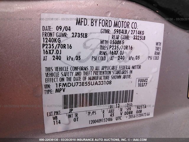 1FMDU73E55UA33108 - 2005 FORD EXPLORER XLT/XLT SPORT/NBX SILVER photo 9