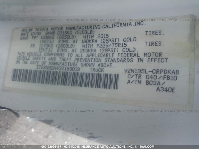 5TESN92N43Z189019 - 2003 TOYOTA TACOMA XTRACAB PRERUNNER თეთრი ფოტო 9