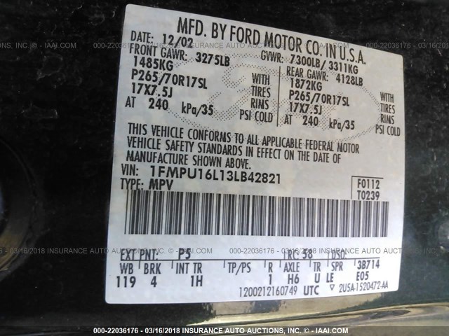 1FMPU16L13LB42821 - 2003 FORD EXPEDITION XLT მწვანე ფოტო 9