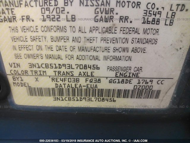 3N1CB51D93L708456 - 2003 NISSAN SENTRA XE/GXE BLUE photo 9