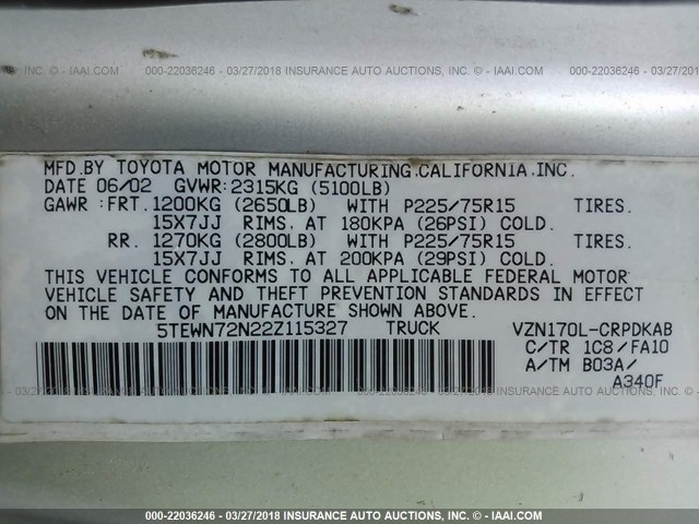 5TEWN72N22Z115327 - 2002 TOYOTA TACOMA XTRACAB SILVER photo 9