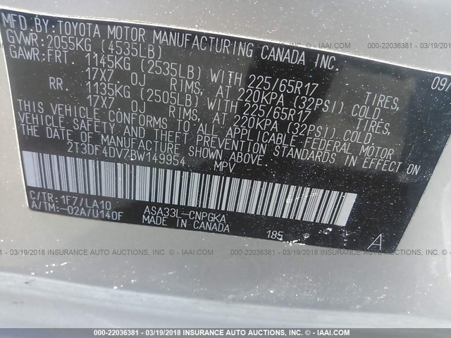 2T3DF4DV7BW149954 - 2011 TOYOTA RAV4 LIMITED Gümüş foto 9