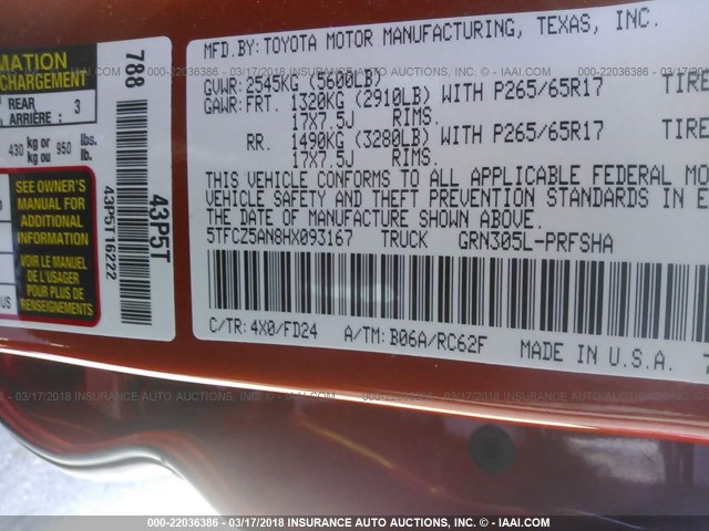 5TFCZ5AN8HX093167 - 2017 TOYOTA TACOMA DBL CAB/SR/TRDSPT/OR/PRO ნარინჯისფერი ფოტო 9