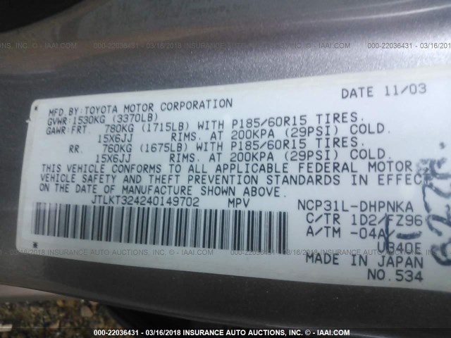 JTLKT324240149702 - 2004 TOYOTA SCION XB SILVER photo 9