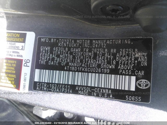 4T1BD1FK6CU026199 - 2012 TOYOTA CAMRY HYBRID/LE/XLE GRAY photo 9