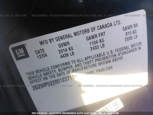 2G2WP522851237191 - 2005 PONTIAC GRAND PRIX Mavi foto 9