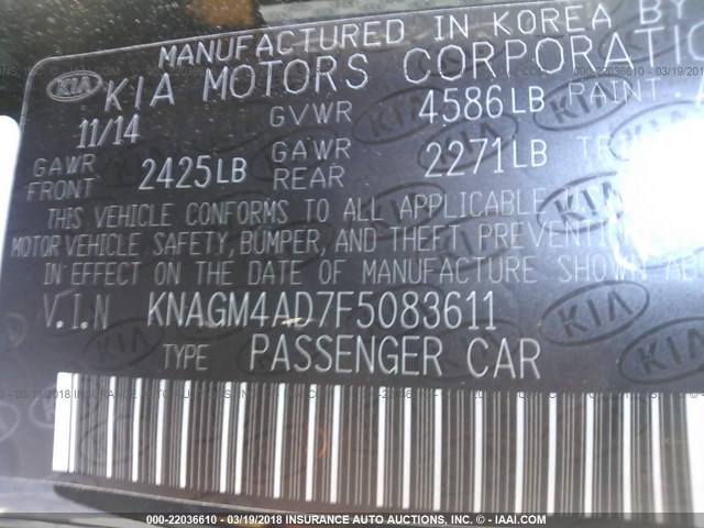 KNAGM4AD7F5083611 - 2015 KIA OPTIMA HYBRID BLACK photo 9