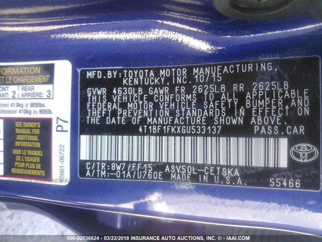 4T1BF1FKXGU533137 - 2016 TOYOTA CAMRY LE/XLE/SE/XSE ლურჯი ფოტო 9