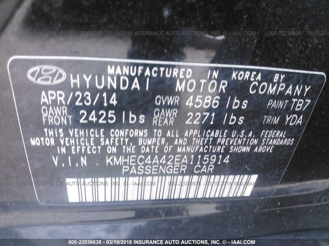 KMHEC4A42EA115914 - 2014 HYUNDAI SONATA HYBRID BLACK photo 9