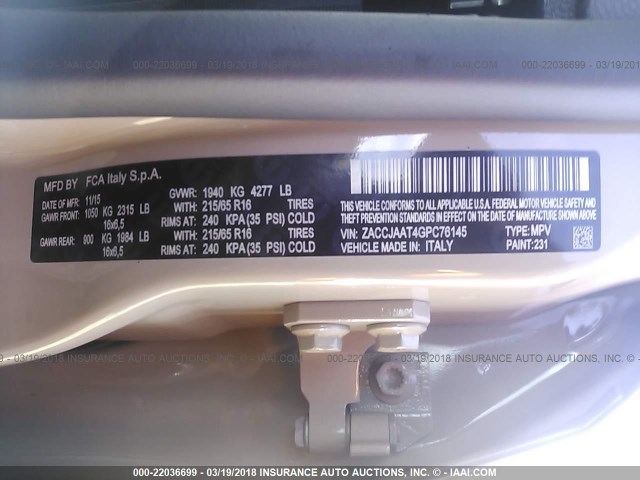 ZACCJAAT4GPC76145 - 2016 JEEP RENEGADE SPORT Թուխ լուսանկար 9