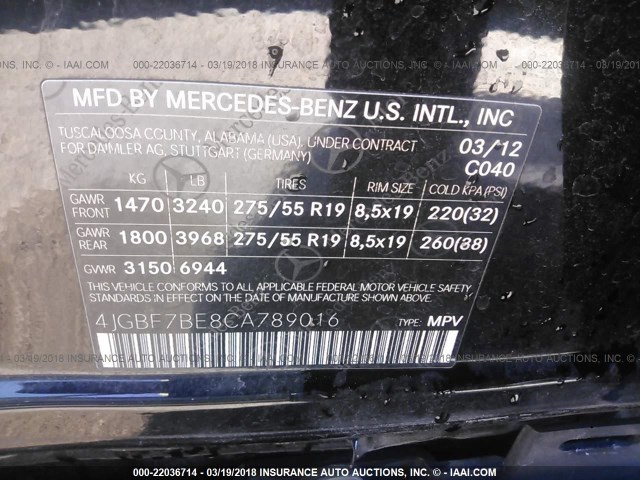 4JGBF7BE8CA789016 - 2012 MERCEDES-BENZ GL 450 4MATIC BLACK photo 9