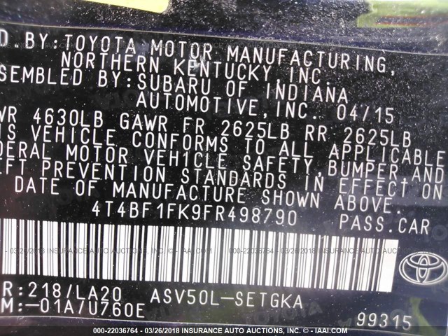 4T4BF1FK9FR498790 - 2015 TOYOTA CAMRY LE/XLE/SE/XSE 黑色 照片 9