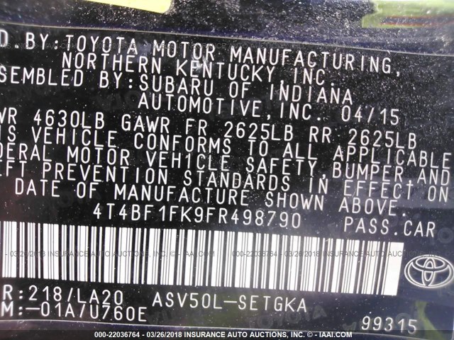 4T4BF1FK9FR498790 - 2015 TOYOTA CAMRY LE/XLE/SE/XSE BLACK photo 9