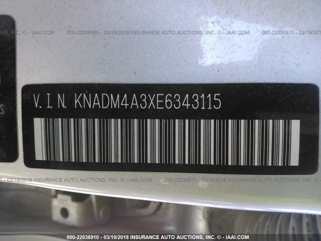 KNADM4A3XE6343115 - 2014 KIA RIO LX SILVER photo 9