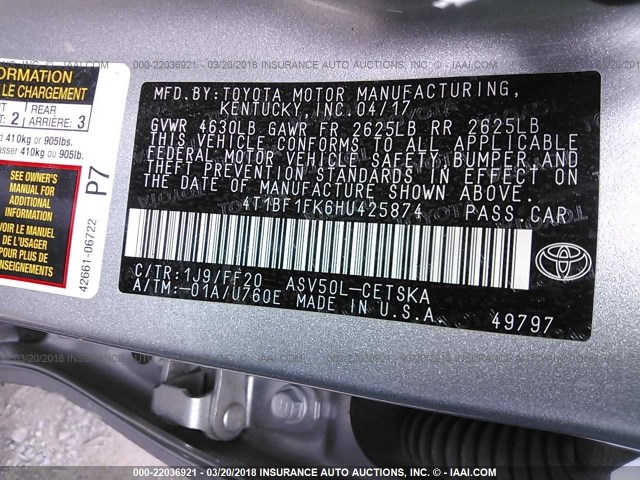 4T1BF1FK6HU425874 - 2017 TOYOTA CAMRY LE/XLE/SE/XSE SILVER photo 9