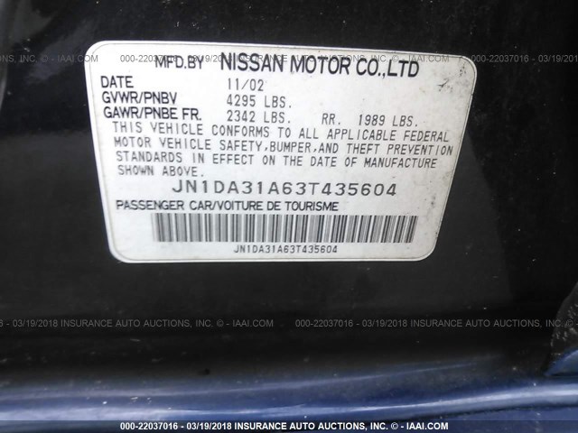 JN1DA31A63T435604 - 2003 NISSAN MAXIMA GLE/SE BLUE photo 9