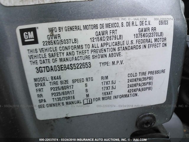 3G7DA03E84S522653 - 2004 PONTIAC AZTEK GRAY photo 9