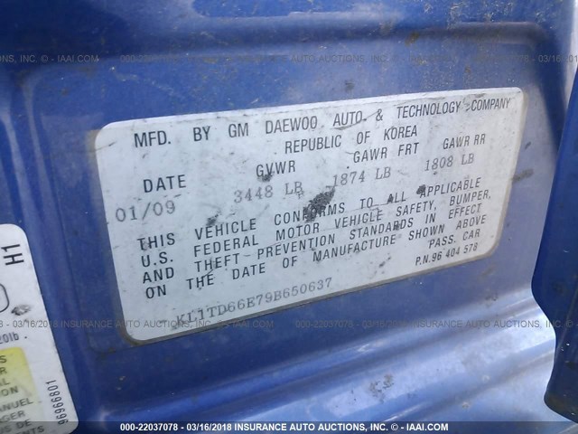 KL1TD66E79B650637 - 2009 CHEVROLET AVEO LS/LT 蓝色 照片 9