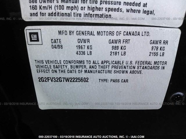 2G2FV32G7W2225602 - 1998 PONTIAC FIREBIRD TRANS AM BLACK photo 9