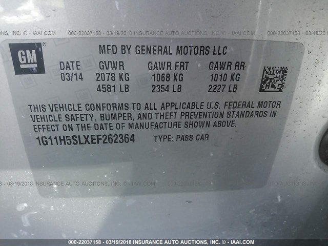 1G11H5SLXEF262364 - 2014 CHEVROLET MALIBU LTZ SILVER photo 9