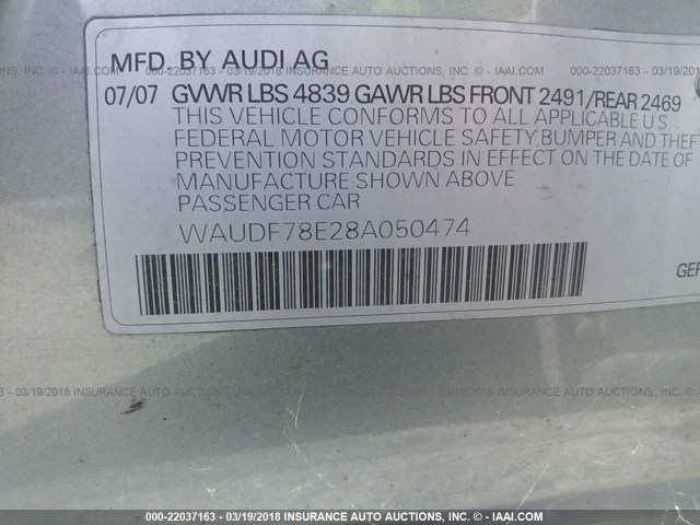 WAUDF78E28A050474 - 2008 AUDI A4 2.0T QUATTRO SILVER photo 9