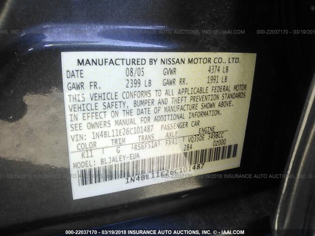 1N4BL11E26C101487 - 2006 NISSAN ALTIMA SE/SL/SE-R GRAY photo 9