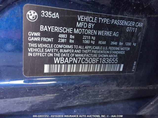 WBAPN7C50BF183655 - 2011 BMW 335 D BLUE photo 9