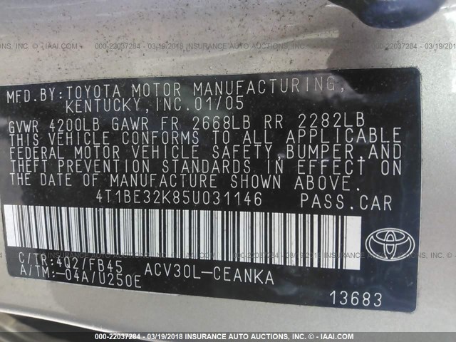 4T1BE32K85U031146 - 2005 TOYOTA CAMRY LE/XLE/SE TAN photo 9