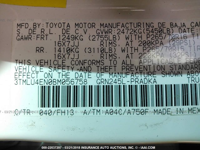 3TMLU4EN0BM056758 - 2011 TOYOTA TACOMA DOUBLE CAB თეთრი ფოტო 9