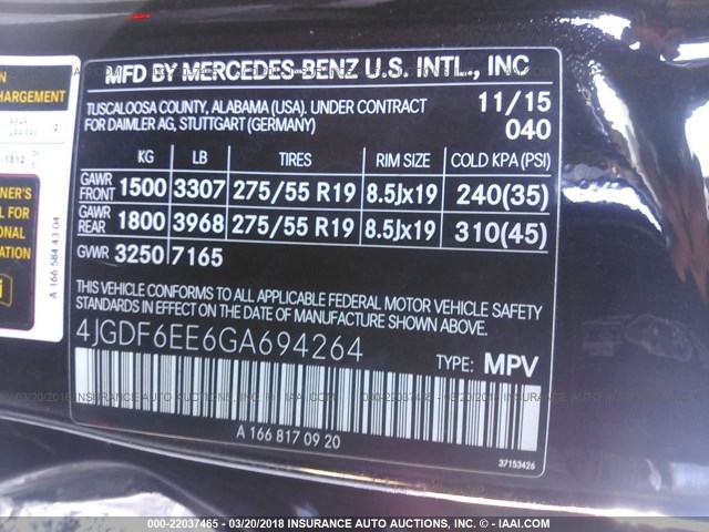 4JGDF6EE6GA694264 - 2016 MERCEDES-BENZ GL 450 4MATIC BLACK photo 9