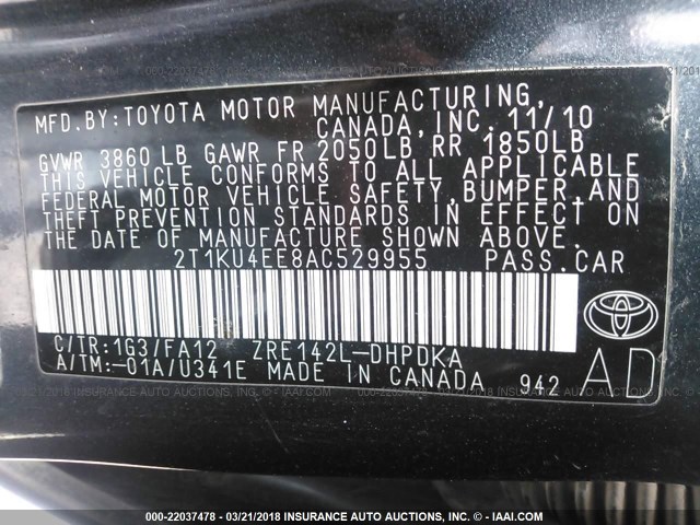 2T1KU4EE8AC529955 - 2010 TOYOTA COROLLA MATRIX  GRAY photo 9