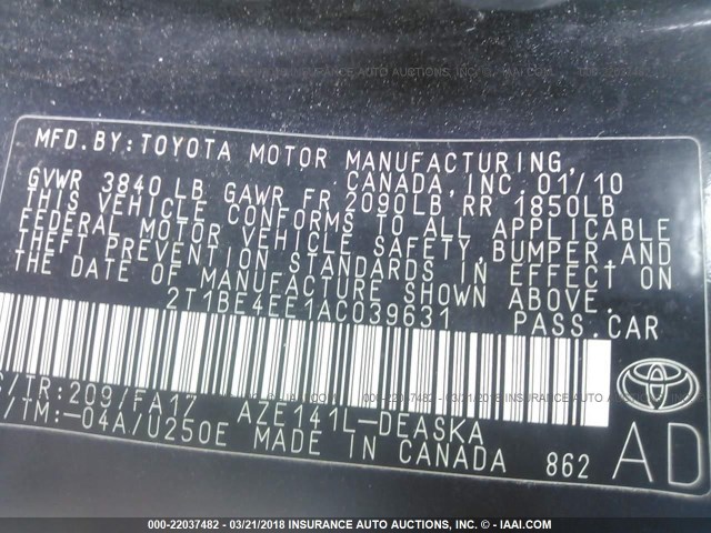 2T1BE4EE1AC039631 - 2010 TOYOTA COROLLA XRS BLACK photo 9