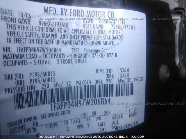 1FAFP34N97W206864 - 2007 FORD FOCUS ZX4/S/SE/SES 黑色 照片 9