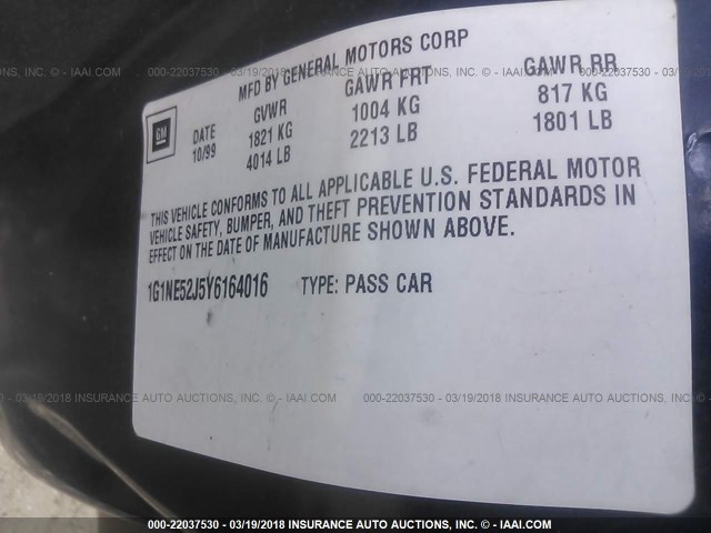 1G1NE52J5Y6164016 - 2000 CHEVROLET MALIBU LS ლურჯი ფოტო 9