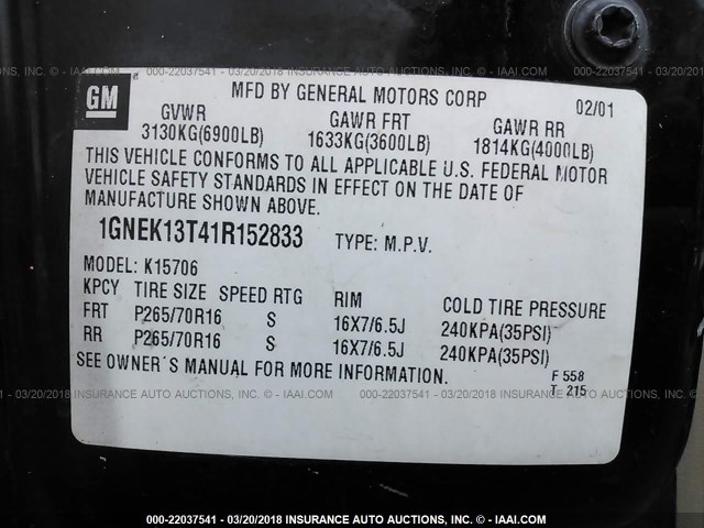 1GNEK13T41R152833 - 2001 CHEVROLET TAHOE K1500 BLACK photo 9