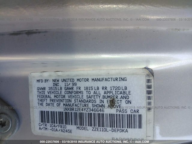 1NXBR12E4YZ346646 - 2000 TOYOTA COROLLA VE/CE/LE 银色 照片 9