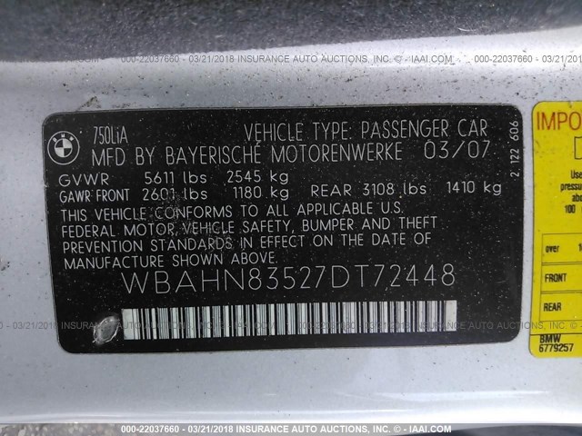 WBAHN83527DT72448 - 2007 BMW 750 SILVER photo 9