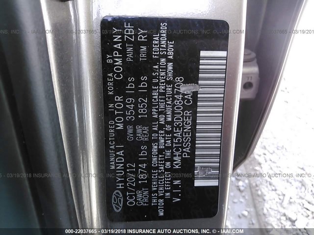 KMHCT5AE3DU084708 - 2013 HYUNDAI ACCENT GLS/GS GRAY photo 9