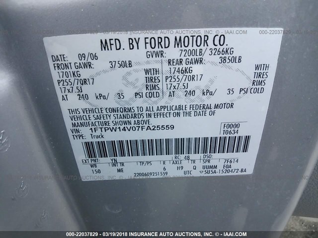 1FTPW14V07FA25559 - 2007 FORD F150 SUPERCREW SILVER photo 9