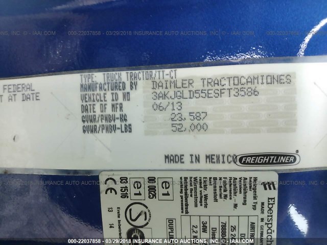 3AKJGLD55ESFT3586 - 2014 FREIGHTLINER CASCADIA 125  BLUE photo 10
