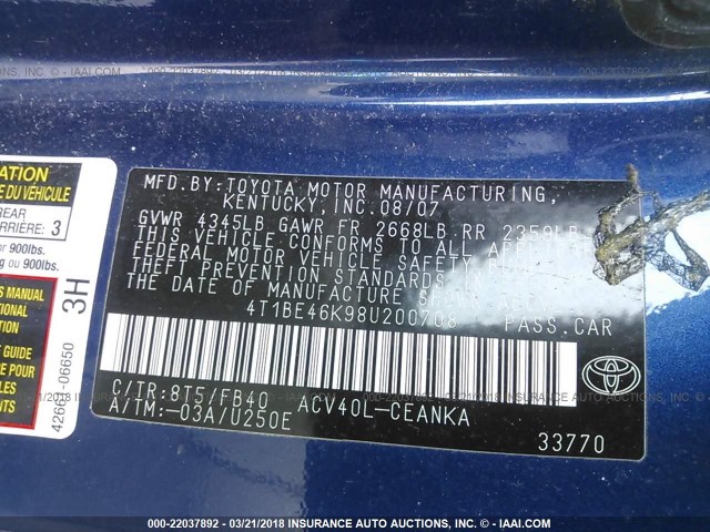 4T1BE46K98U200708 - 2008 TOYOTA CAMRY CE/LE/XLE/SE Dark Blue photo 9