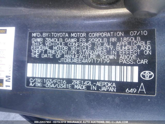 JTDBU4EE4A9117179 - 2010 TOYOTA COROLLA S/LE/XLE GRAY photo 9