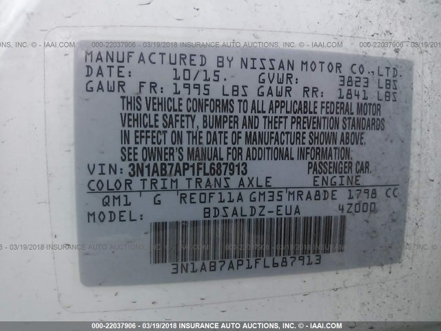 3N1AB7AP1FL687913 - 2015 NISSAN SENTRA S/SV/SR/SL WHITE photo 9