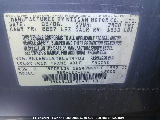 3N1AB61E98L694703 - 2008 NISSAN SENTRA 2.0/2.0S/2.0SL GRAY photo 9