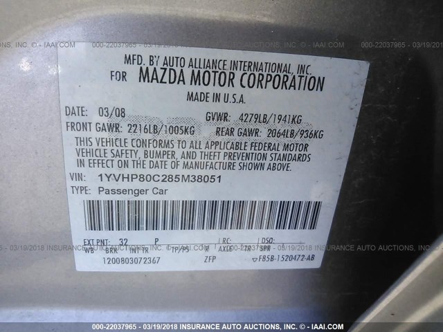 1YVHP80C285M38051 - 2008 MAZDA 6 I SILVER photo 9