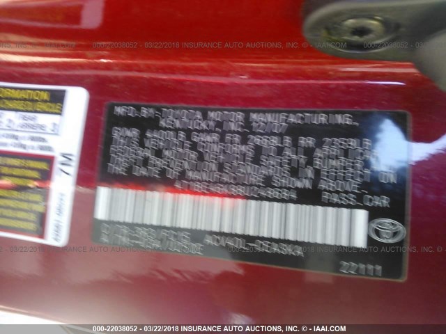 4T1BE46K88U248684 - 2008 TOYOTA CAMRY CE/LE/XLE/SE RED photo 9