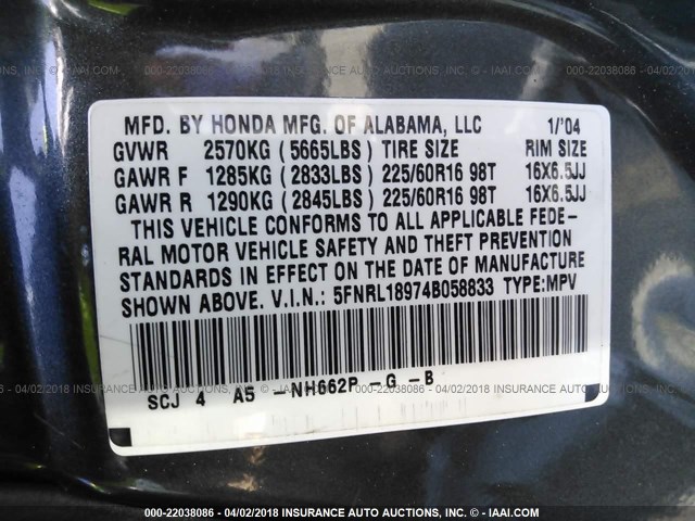 5FNRL18974B058833 - 2004 HONDA ODYSSEY EXL GRAY photo 9