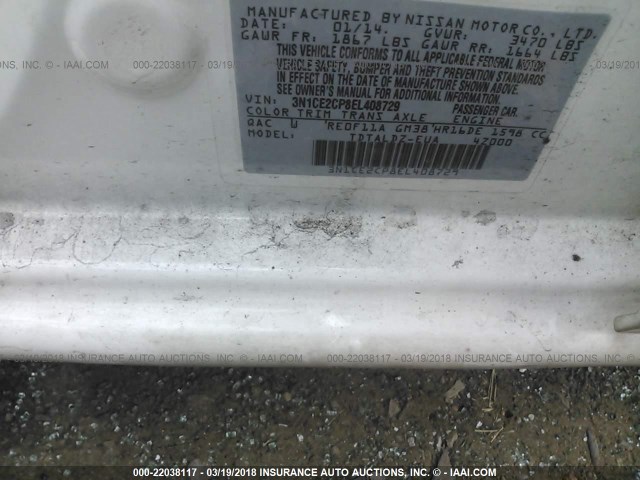 3N1CE2CP8EL408729 - 2014 NISSAN VERSA NOTE S/S PLUS/SV/SL WHITE photo 9