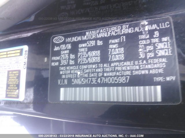 5NMSH73E47H005987 - 2007 HYUNDAI SANTA FE SE/LIMITED BLACK photo 9