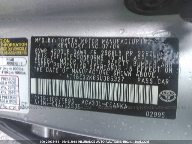 4T1BE32K65U385327 - 2005 TOYOTA CAMRY LE/XLE/SE 银色 照片 9